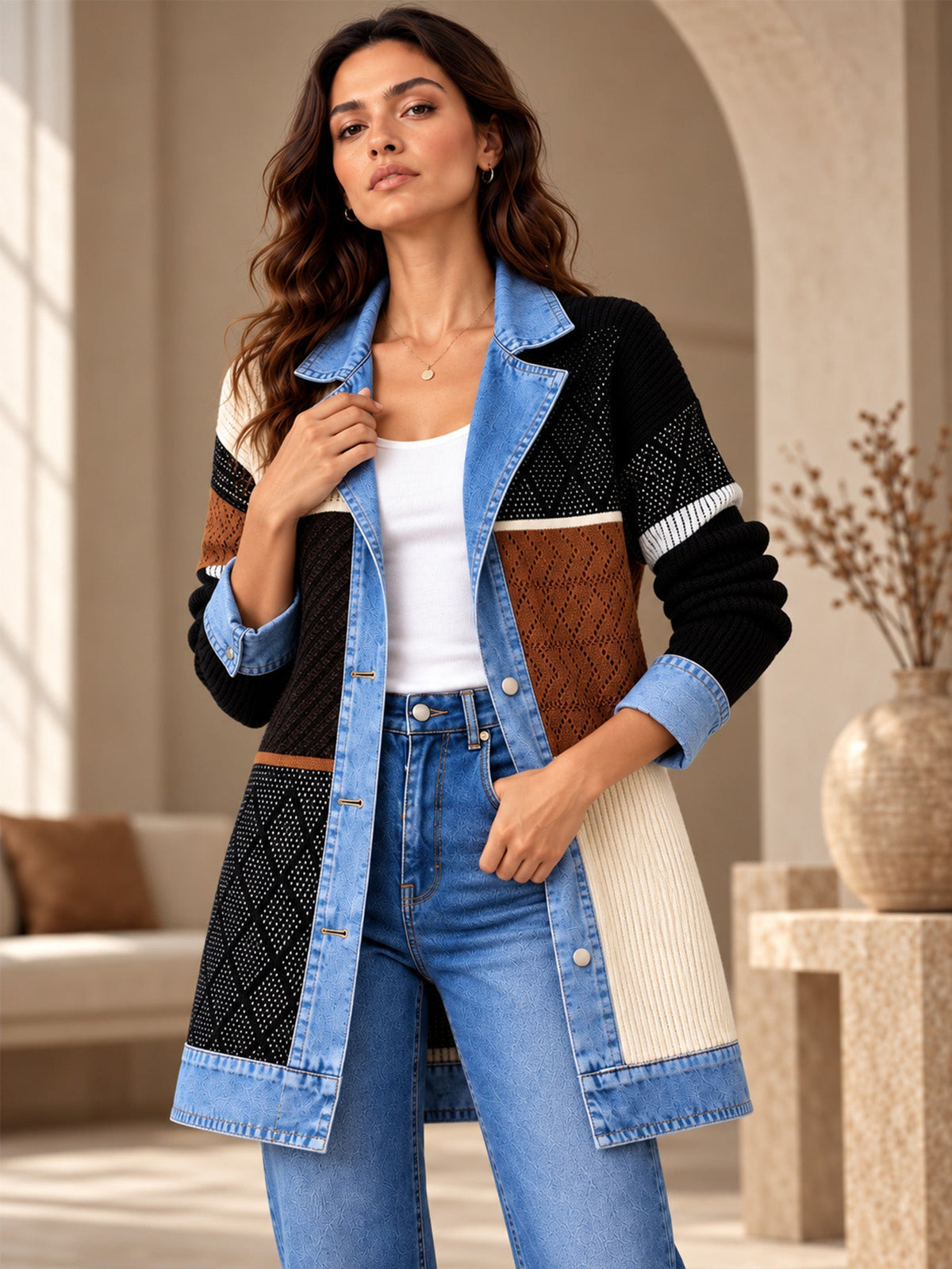 Celia - Chaqueta Larga de Punto con Detalles Vaqueros