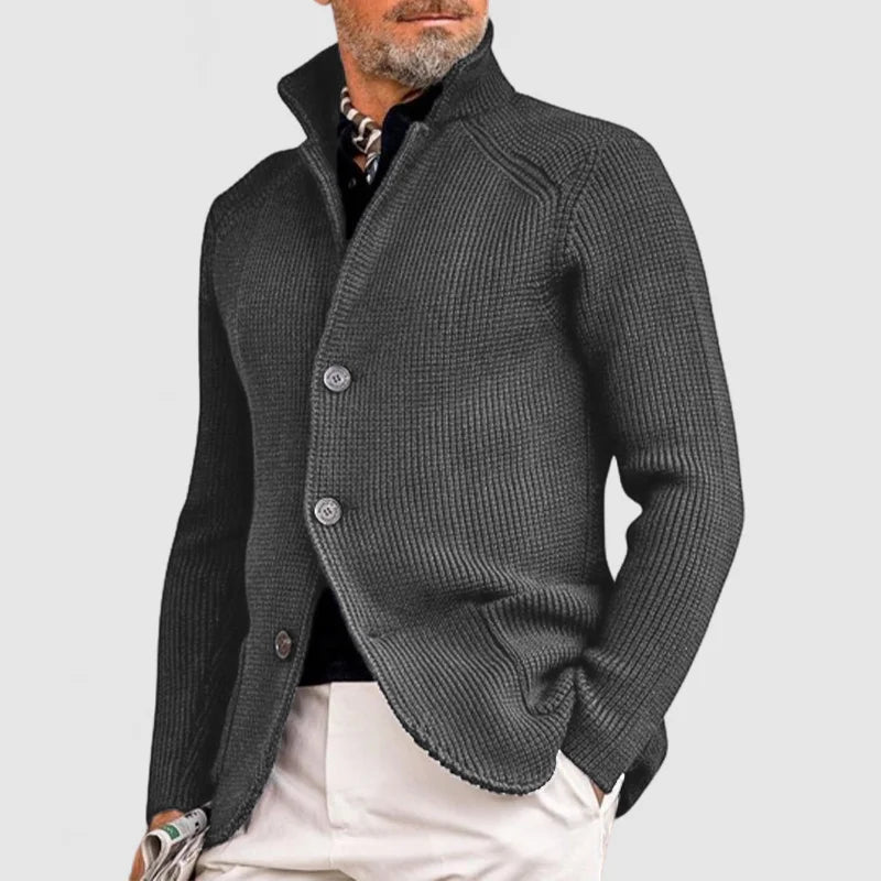 Ramón - Cárdigan de Punto Clásico con Cuello Mao Gris