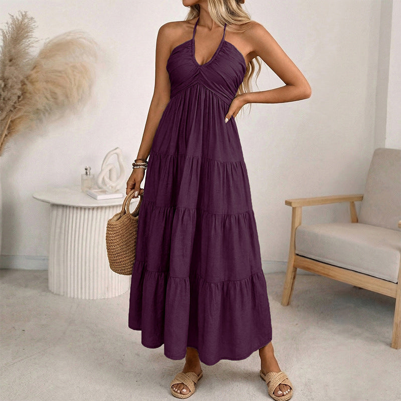 Lola -  Vestido largo con volantes, espalda descubierta y cuello halter