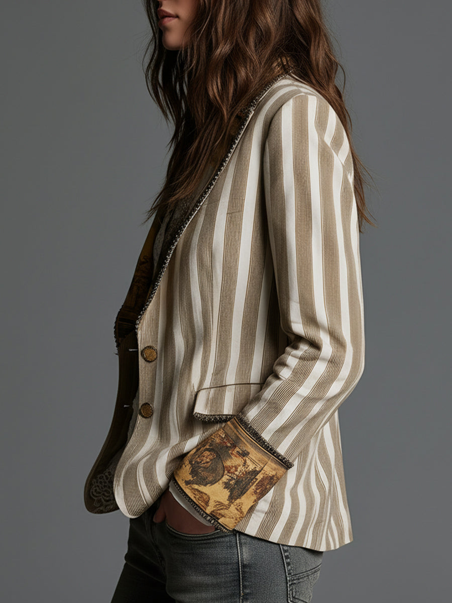 Rosana - Blazer Bohemio de Rayas con Cuello Estampado