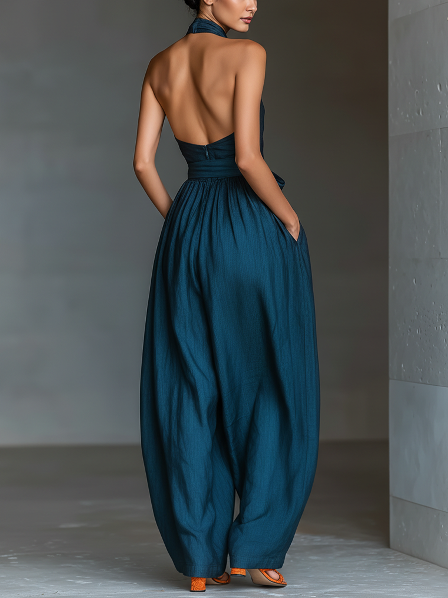 Mia - Mono de Lino Azul Marino con Cuello Halter Cruzado, Pierna Ancha y Nudo en la Cintura