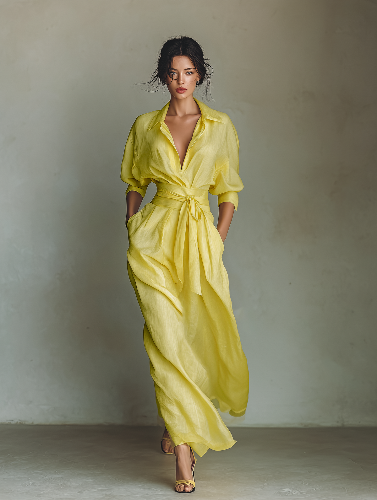 Sol - Vestido Maxi Camisero de Mezcla de Algodón y Lino con Nudo en la Cintura y Manga Corta