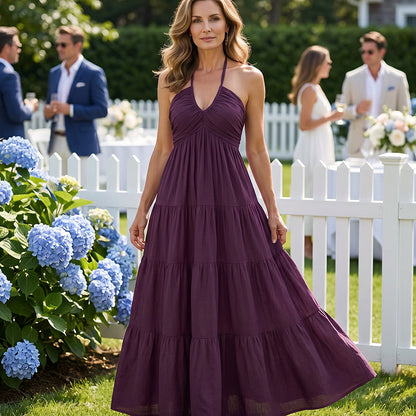 Lola -  Vestido largo con volantes, espalda descubierta y cuello halter
