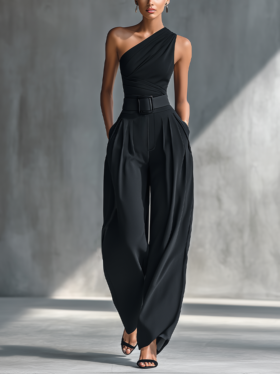 Georgina - Conjunto de Top de Punto Elástico y Pantalón Ancho de Acetato en Negro