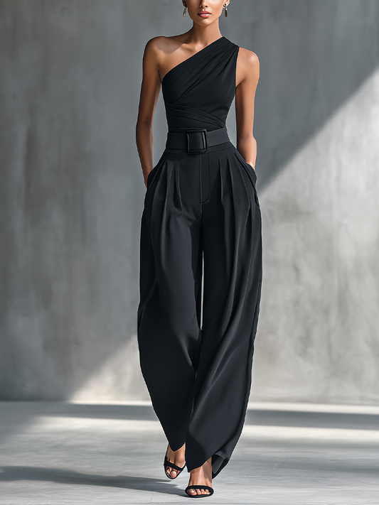 Georgina - Conjunto de Top de Punto Elástico y Pantalón Ancho de Acetato en Negro