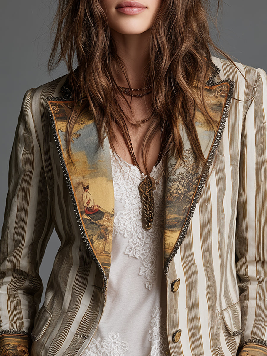 Rosana - Blazer Bohemio de Rayas con Cuello Estampado