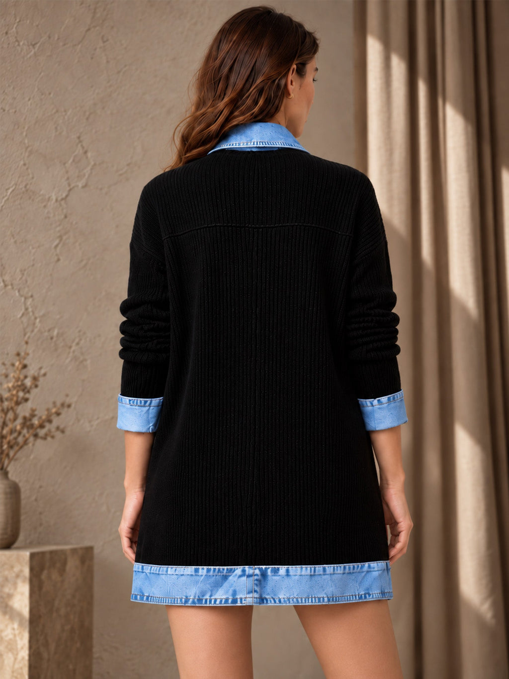 Celia - Chaqueta Larga de Punto con Detalles Vaqueros