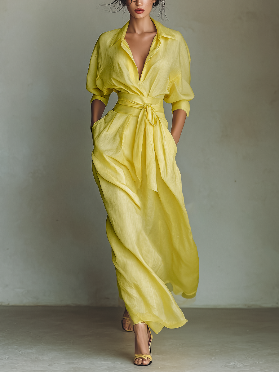 Sol - Vestido Maxi Camisero de Mezcla de Algodón y Lino con Nudo en la Cintura y Manga Corta