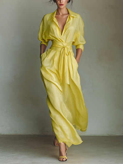 Sol - Vestido Maxi Camisero de Mezcla de Algodón y Lino con Nudo en la Cintura y Manga Corta