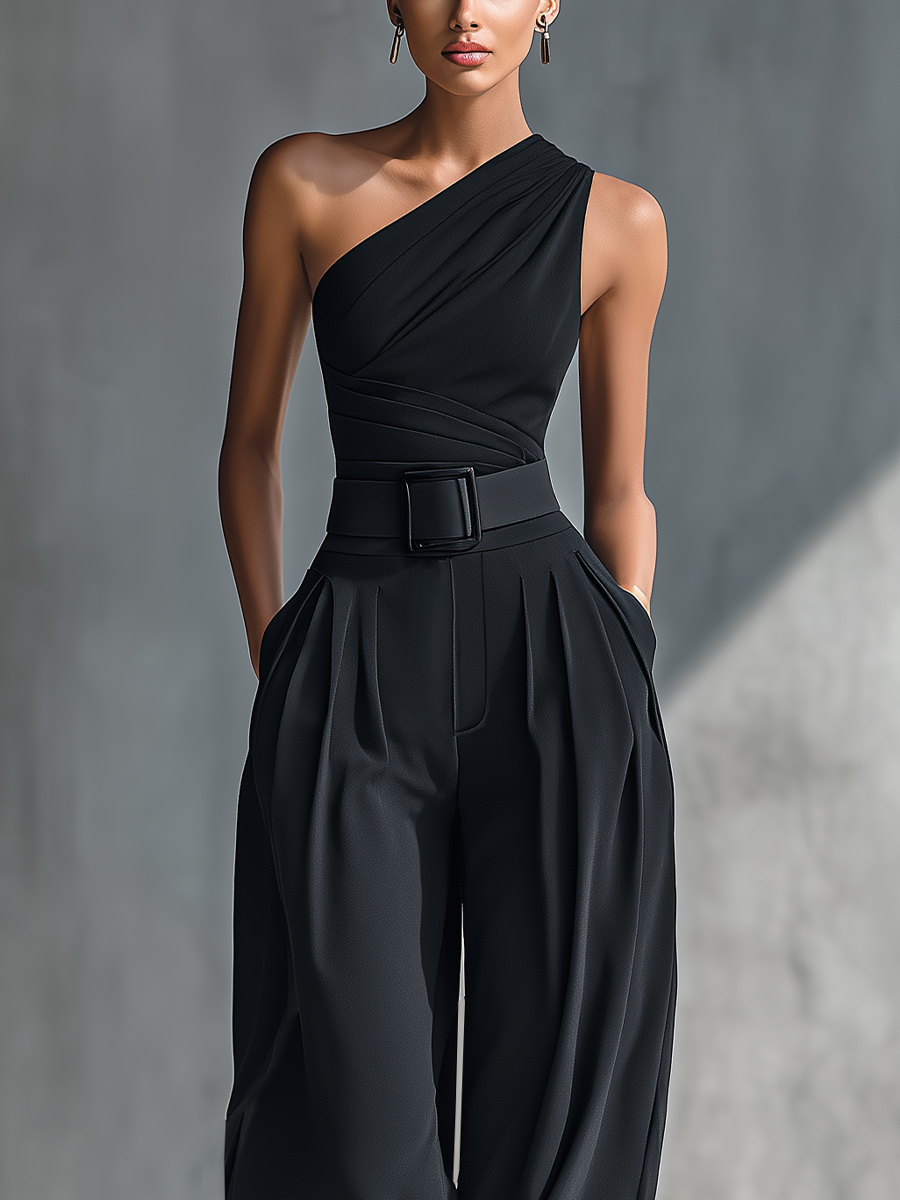 Georgina - Conjunto de Top de Punto Elástico y Pantalón Ancho de Acetato en Negro