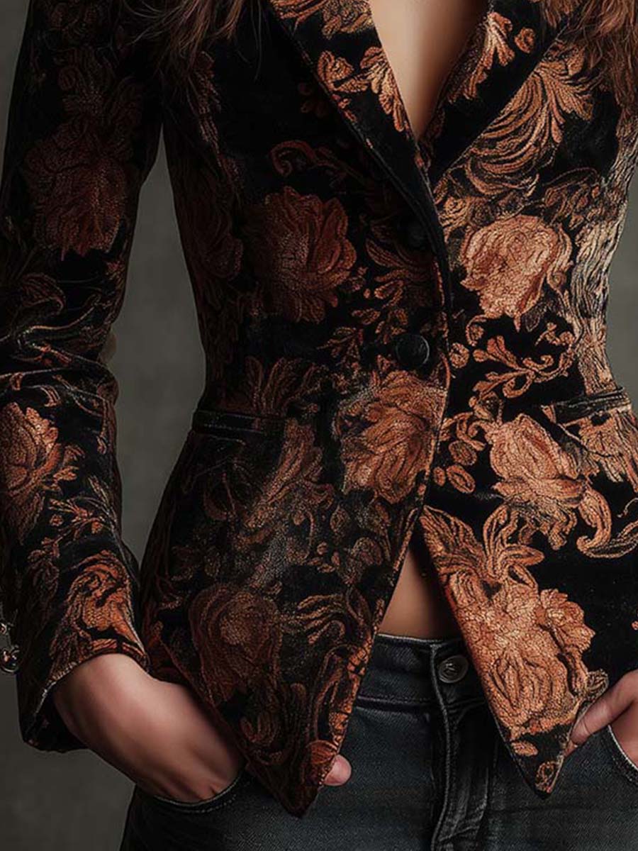 Zahara - Blazer con Estampado Floral Negro y Bronce