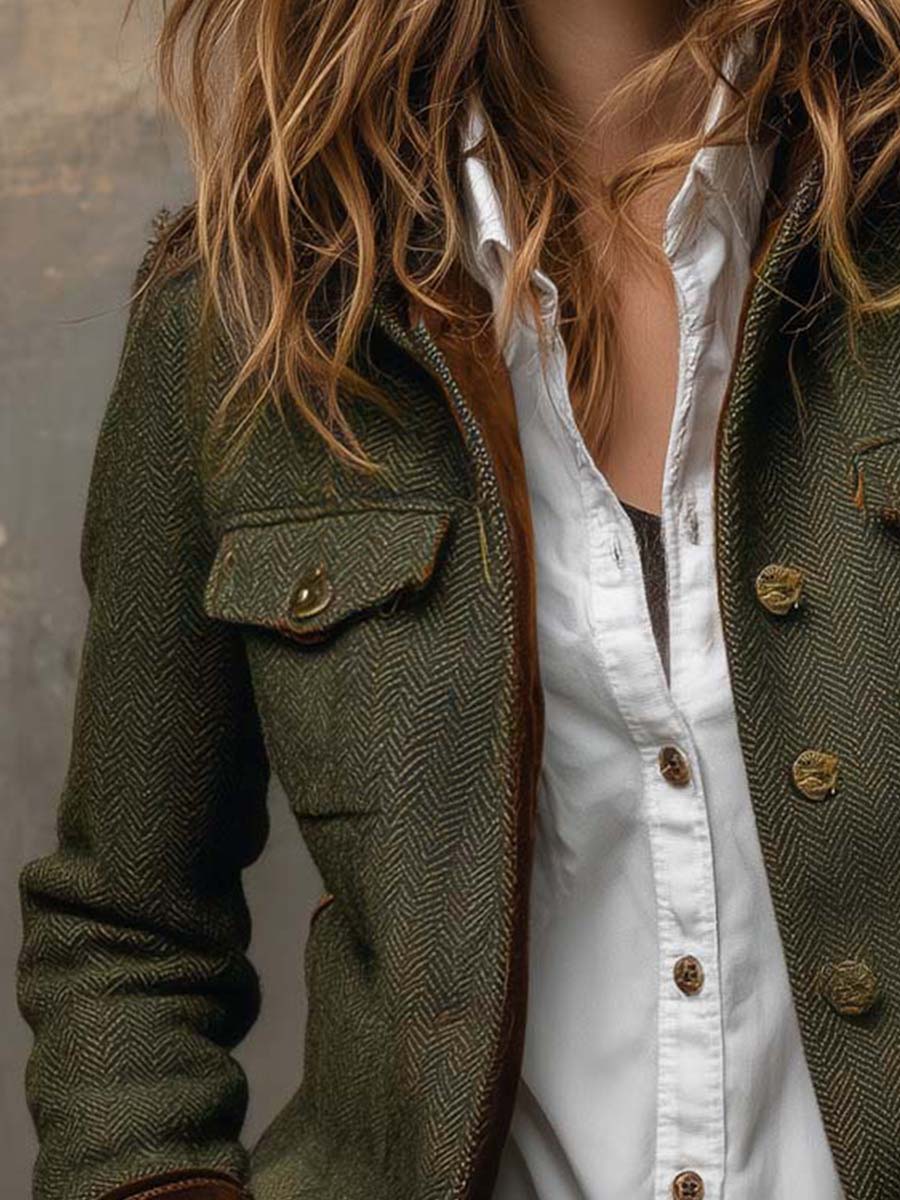 Edelia - Blazer Vintage de Espiga con Ribetes a Contraste