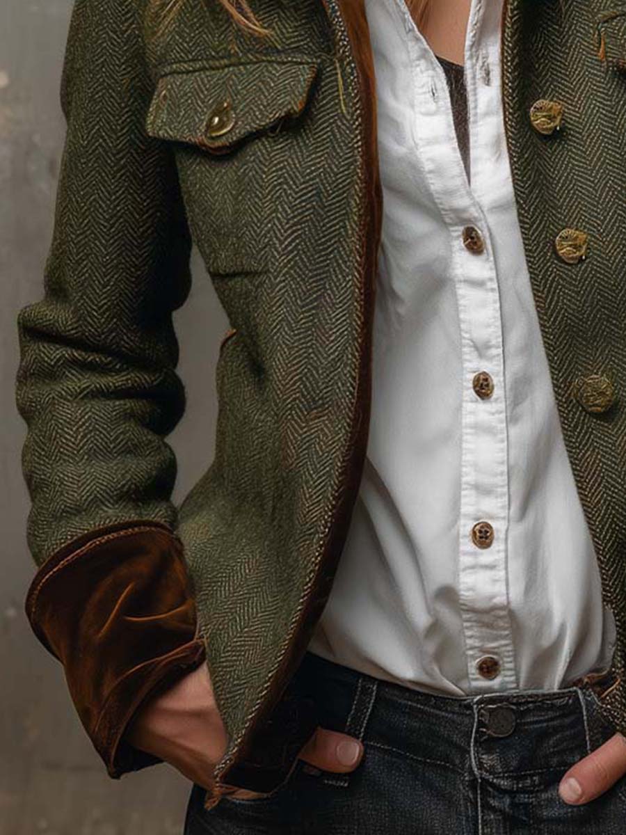 Edelia - Blazer Vintage de Espiga con Ribetes a Contraste