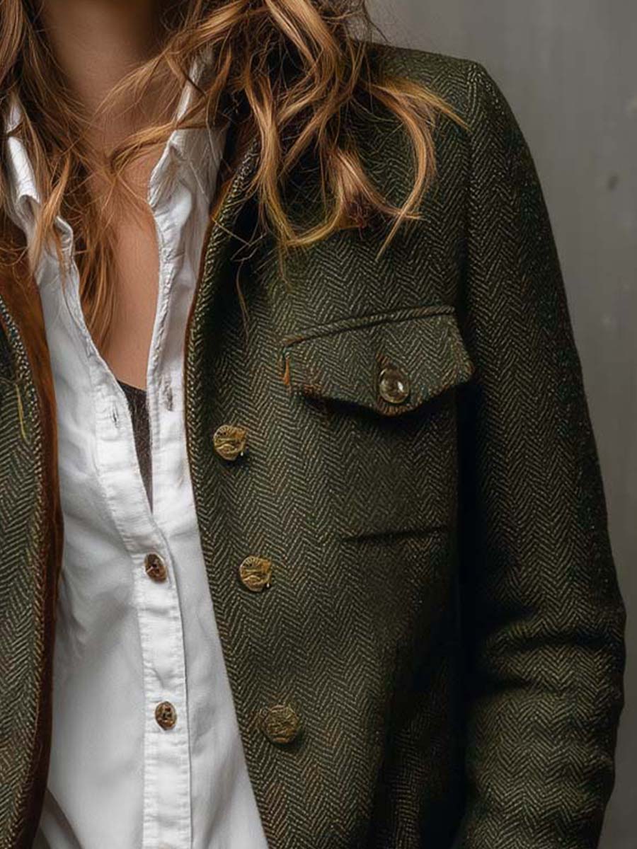 Edelia - Blazer Vintage de Espiga con Ribetes a Contraste