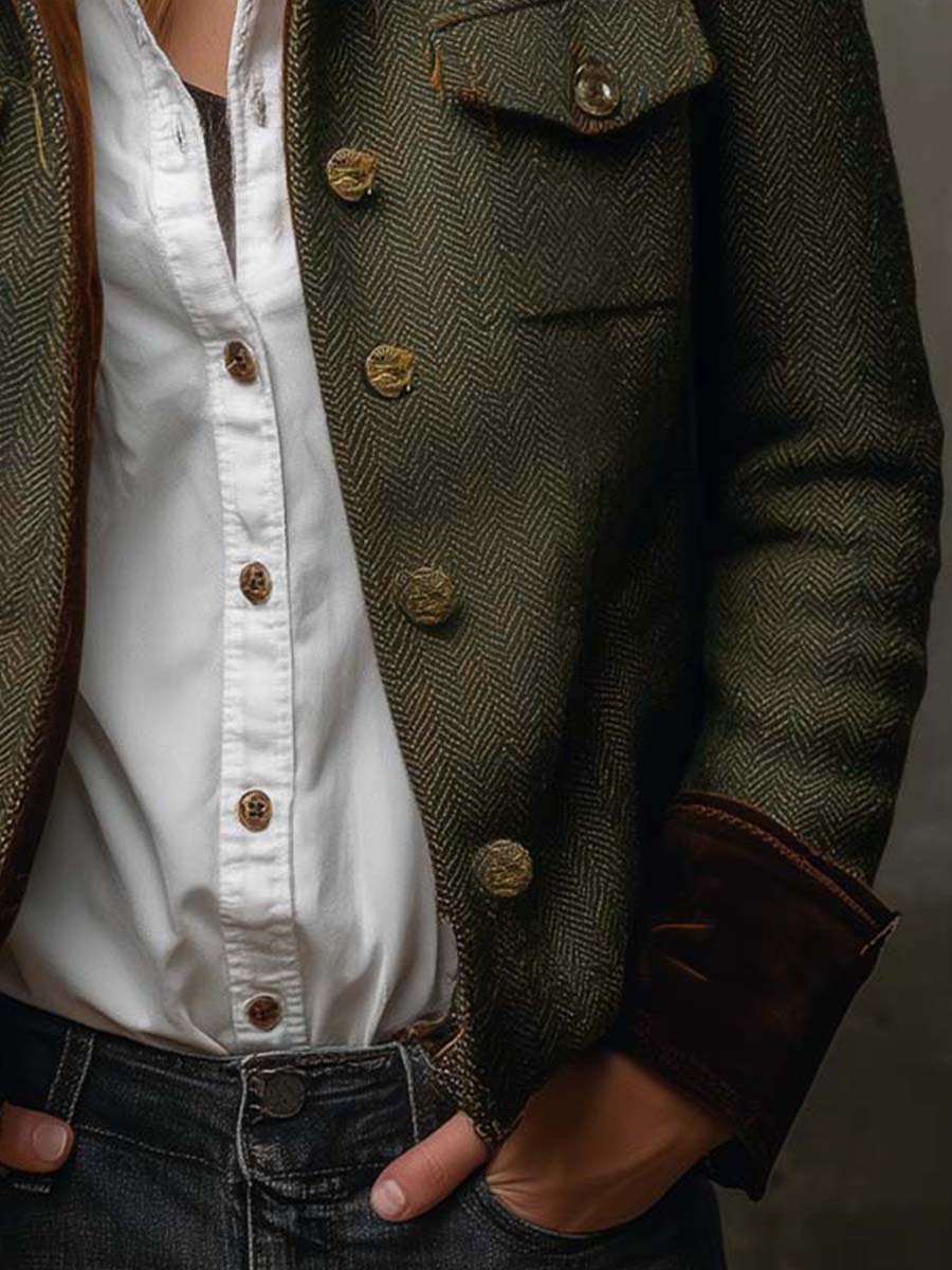 Edelia - Blazer Vintage de Espiga con Ribetes a Contraste
