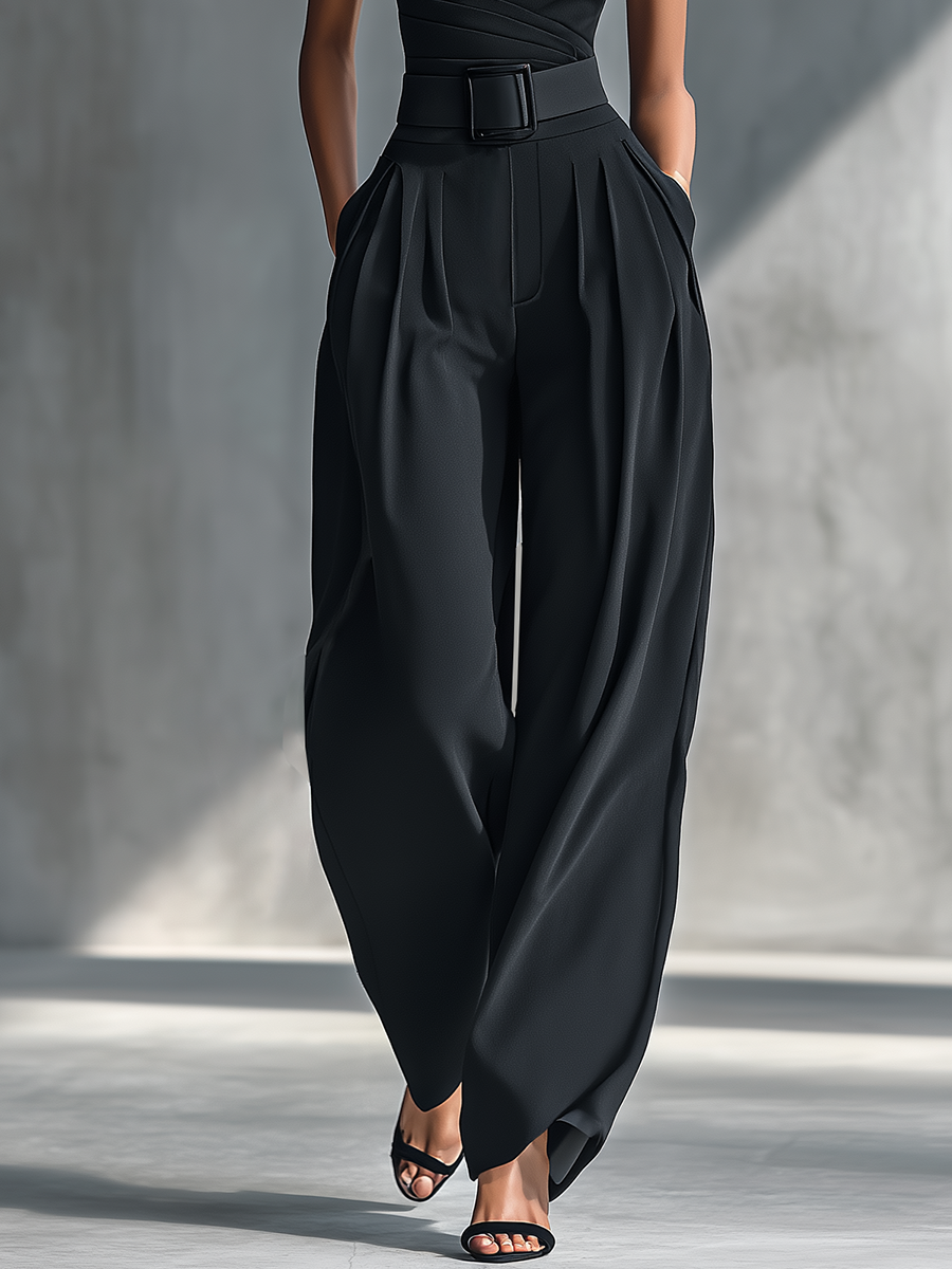 Georgina - Conjunto de Top de Punto Elástico y Pantalón Ancho de Acetato en Negro