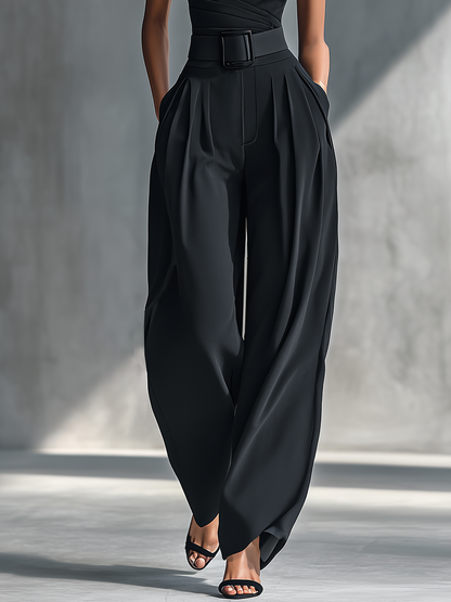 Georgina - Conjunto de Top de Punto Elástico y Pantalón Ancho de Acetato en Negro