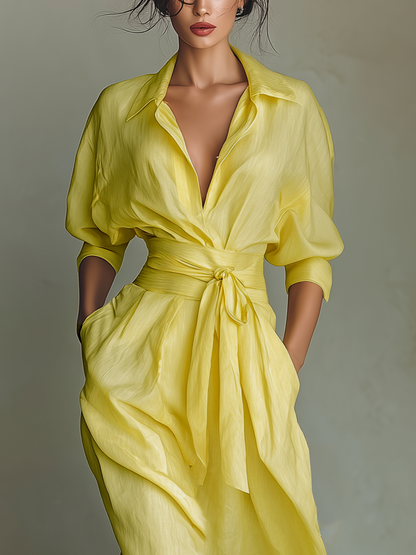 Sol - Vestido Maxi Camisero de Mezcla de Algodón y Lino con Nudo en la Cintura y Manga Corta
