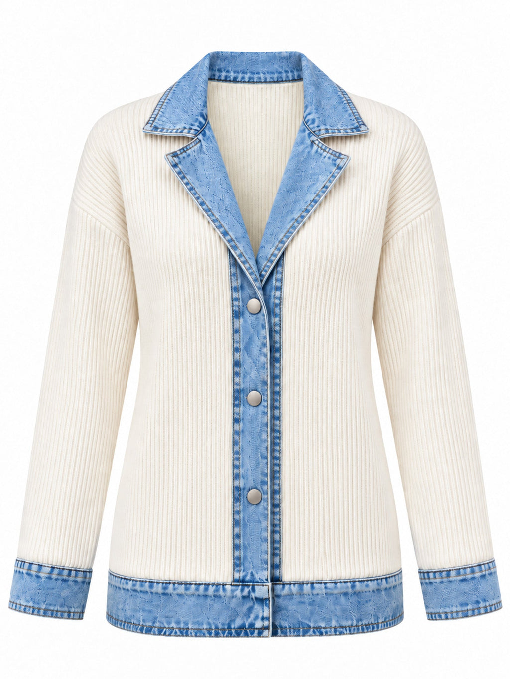 Celia - Chaqueta Larga de Punto con Detalles Vaqueros