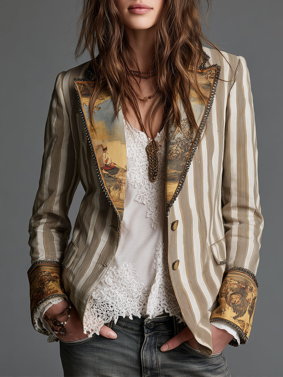 Rosana - Blazer Bohemio de Rayas con Cuello Estampado