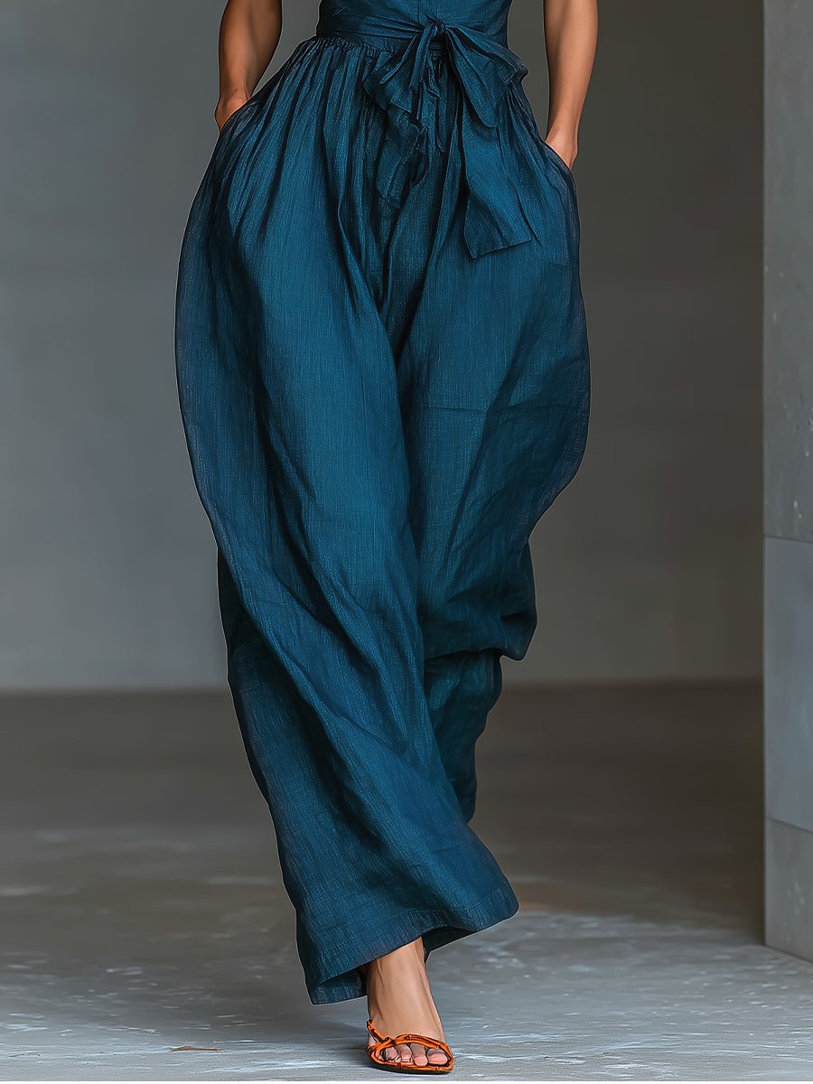 Mia - Mono de Lino Azul Marino con Cuello Halter Cruzado, Pierna Ancha y Nudo en la Cintura