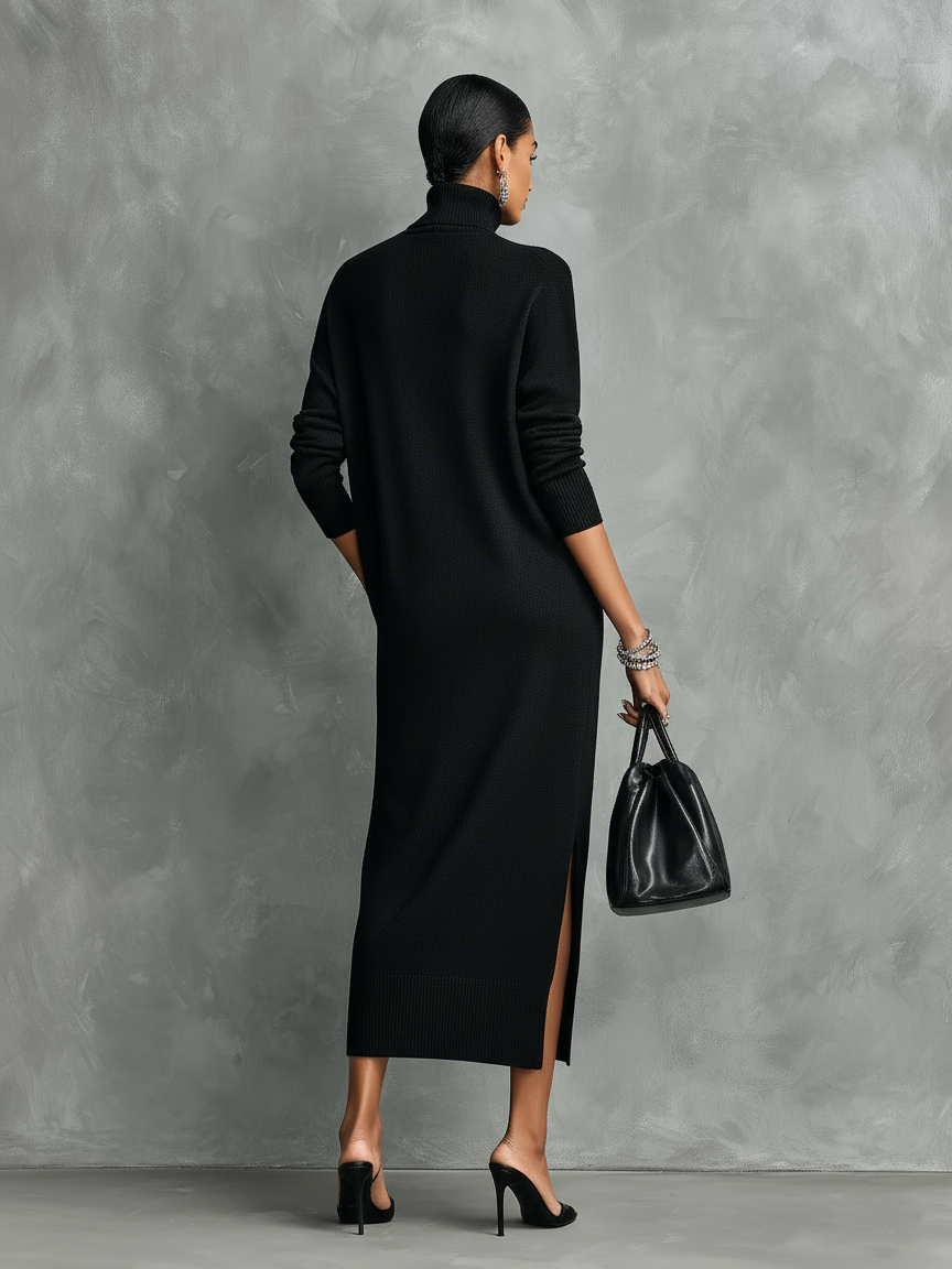 Alexandra - Vestido Midi de Punto con Cuello Alto y Manga Larga