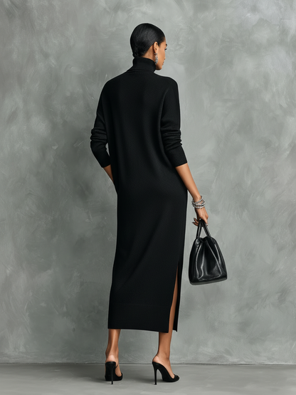 Alexandra - Vestido Midi de Punto con Cuello Alto y Manga Larga