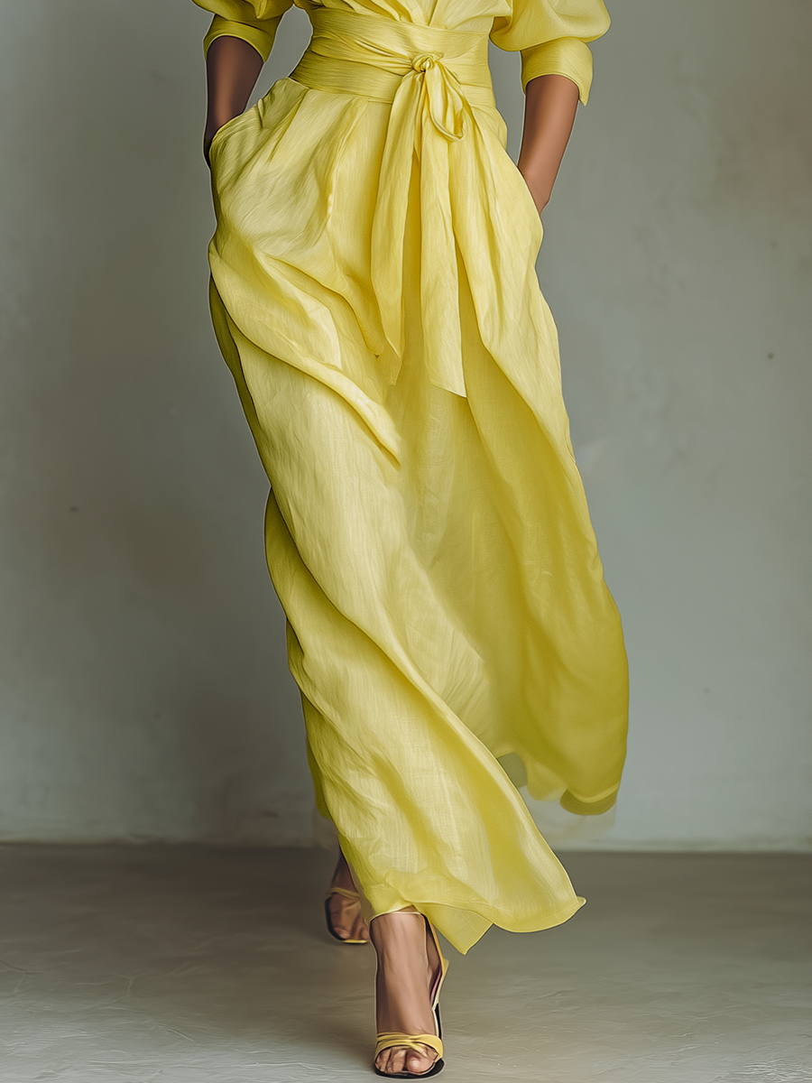 Sol - Vestido Maxi Camisero de Mezcla de Algodón y Lino con Nudo en la Cintura y Manga Corta