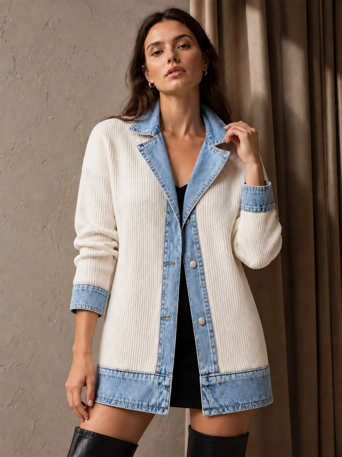 Celia - Chaqueta Larga de Punto con Detalles Vaqueros