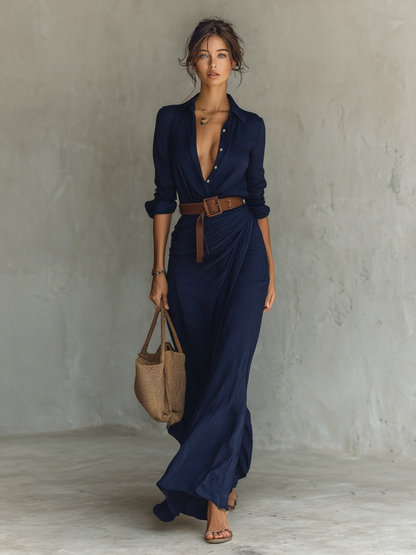 Vega - Vestido Largo de Manga Larga con Solapa y Cinturón