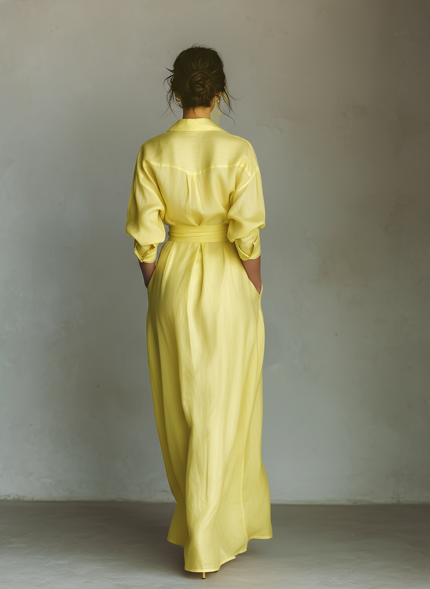 Sol - Vestido Maxi Camisero de Mezcla de Algodón y Lino con Nudo en la Cintura y Manga Corta