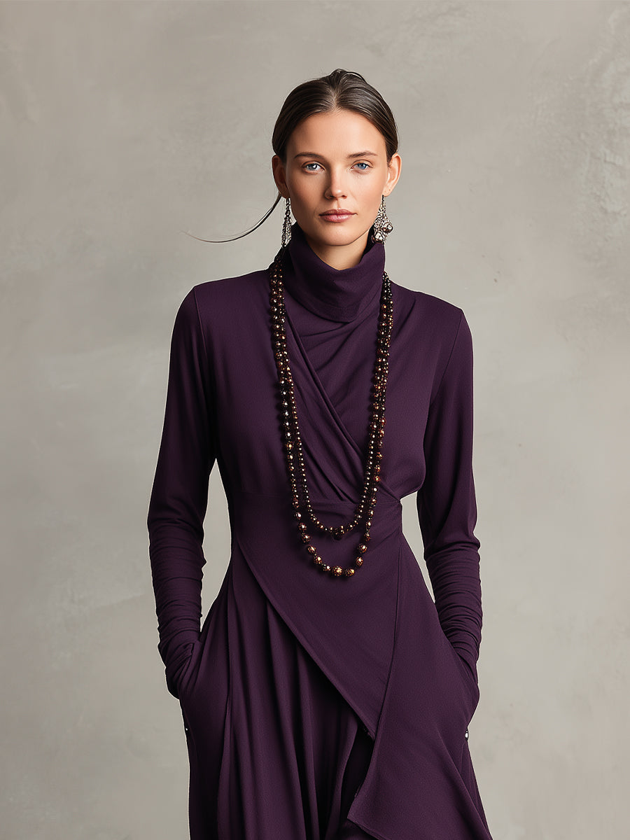 Antonella - Vestido Maxi Bohémio de Cuello Alto con Drapeado Asimétrico