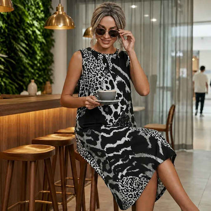 María - Vestido largo sin mangas y estampado de leopardo