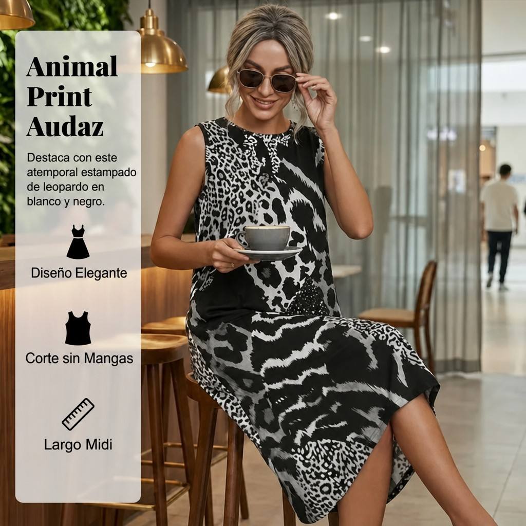 María - Vestido largo sin mangas y estampado de leopardo