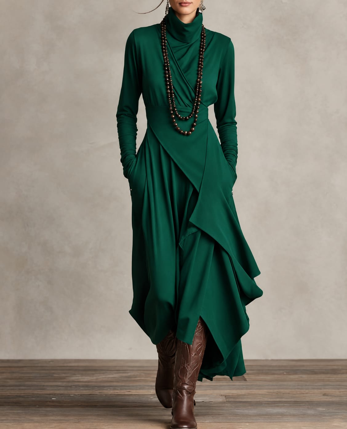 Antonella - Vestido Maxi Bohemio de Cuello Alto con Drapeado Asimétrico