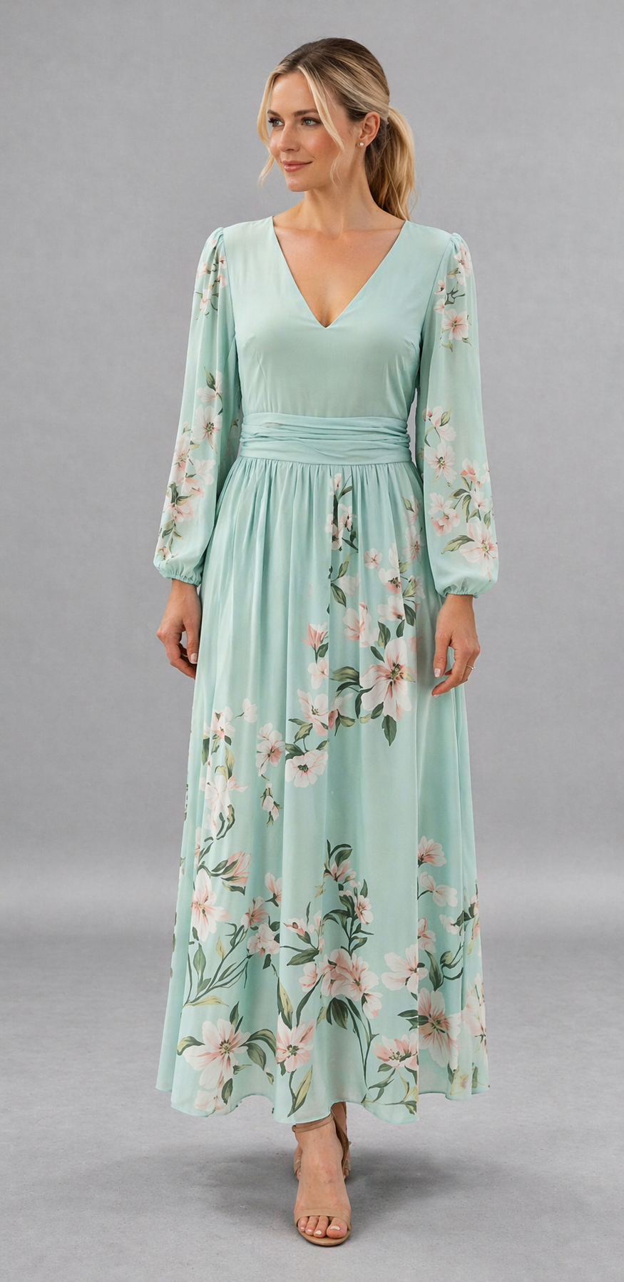Macarena - Vestido Largo Floral Mint Elegante