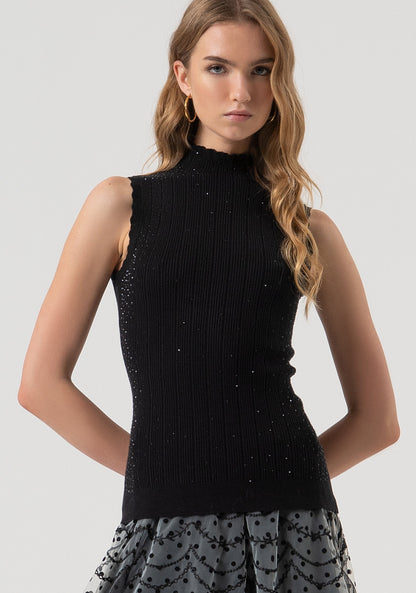 Abril - Top sin Mangas de Punto Canalé con Strass y Cuello Alto