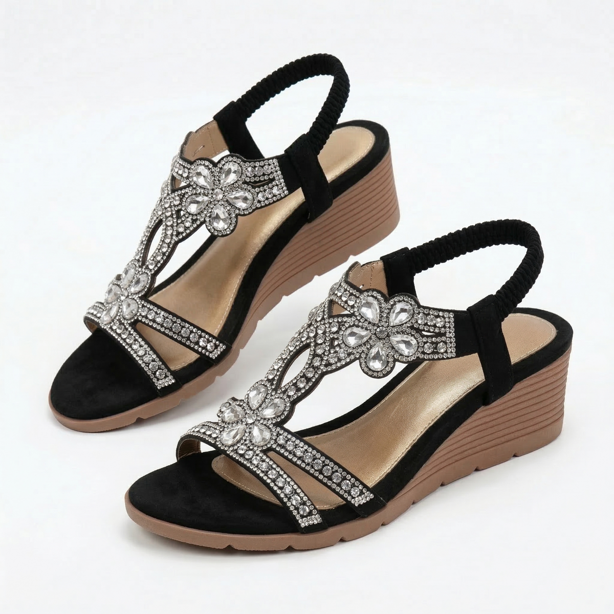 Lívia - Sandalias de Cuña con Pedrería y Motivos Florales