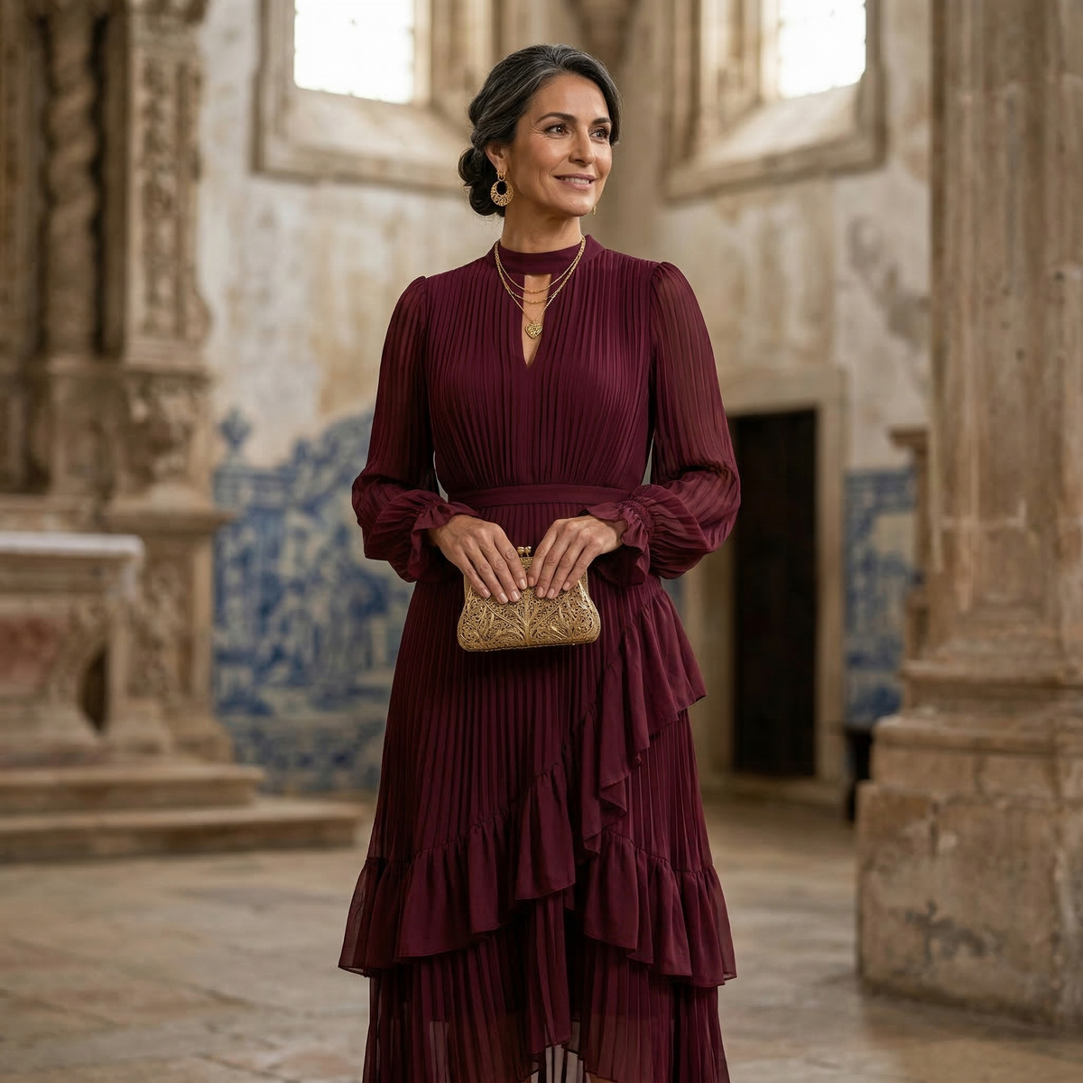 Mariana - Vestido Plisado con Mangas Fluidas y Volantes Asimétricos