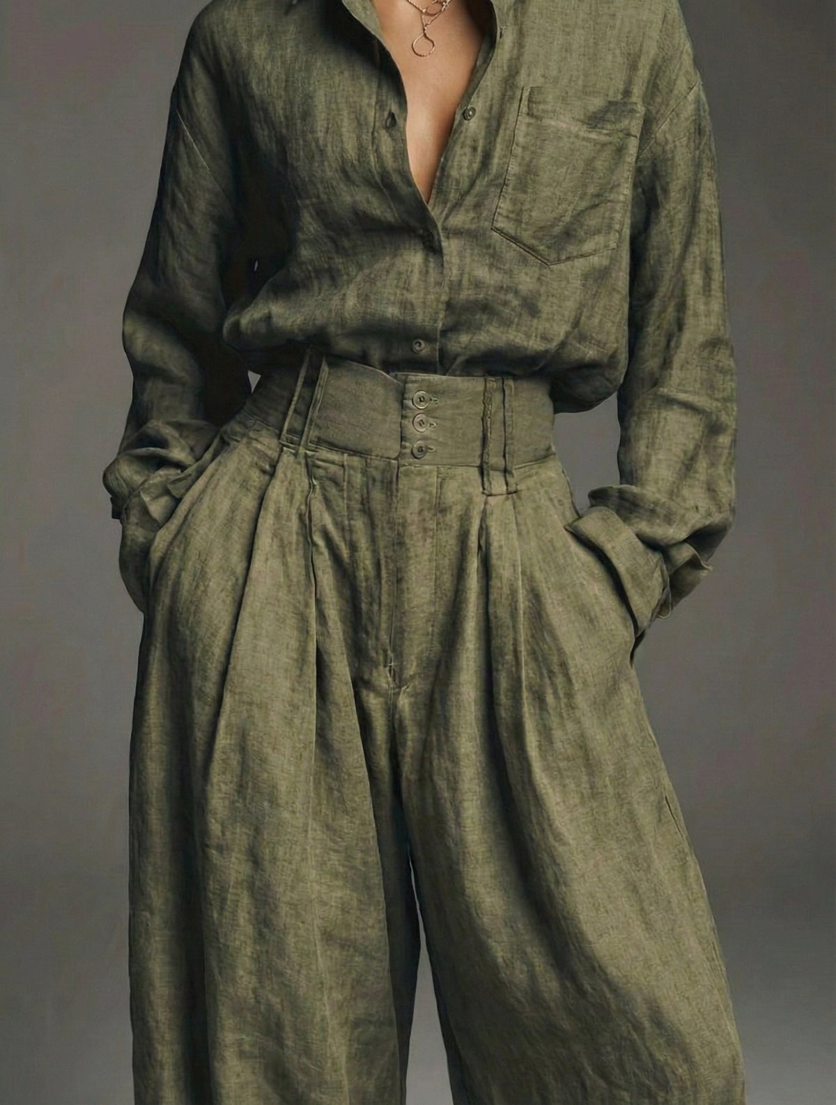 Lia - Conjunto de Lino Verde Militar