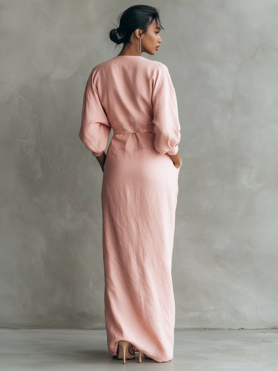 Alma - Vestido Maxi Minimalista de Mezcla de Lino con Escote en V