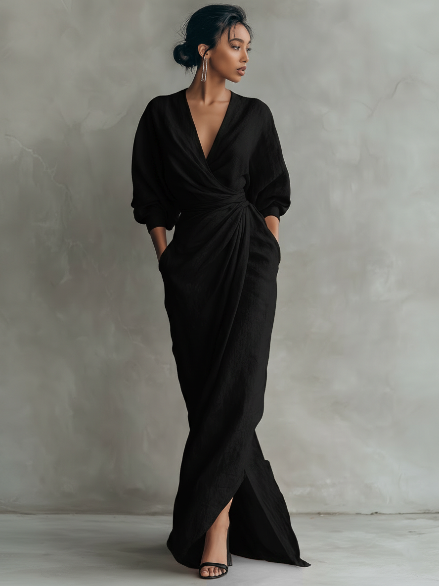 Alma - Vestido Maxi Minimalista de Mezcla de Lino con Escote en V