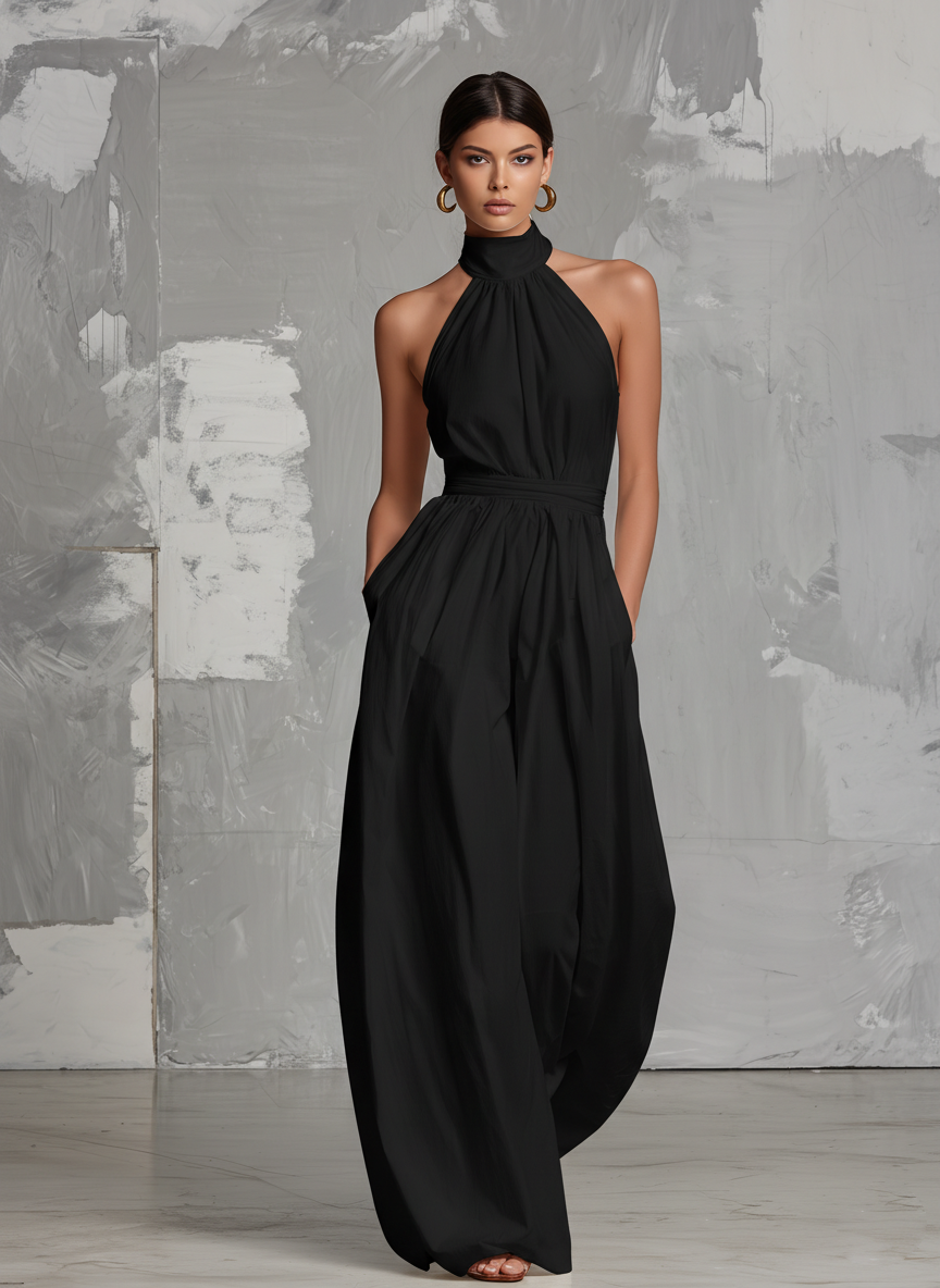 Deria - Mono Elegante sin Mangas con Cuello Halter de Tejido Vaporoso