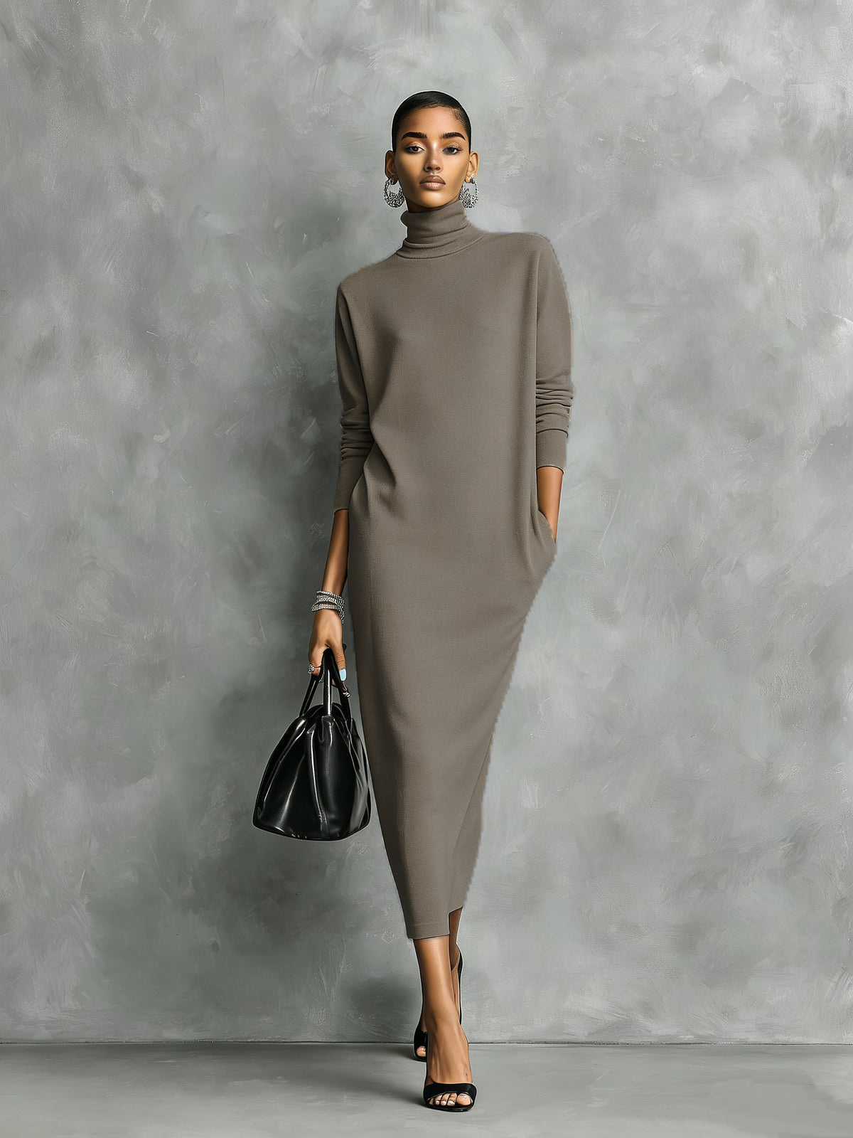 Alexandra - Vestido Midi de Punto con Cuello Alto y Manga Larga
