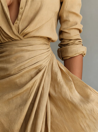 Vega - Vestido Largo de Manga Larga con Solapa y Cinturón