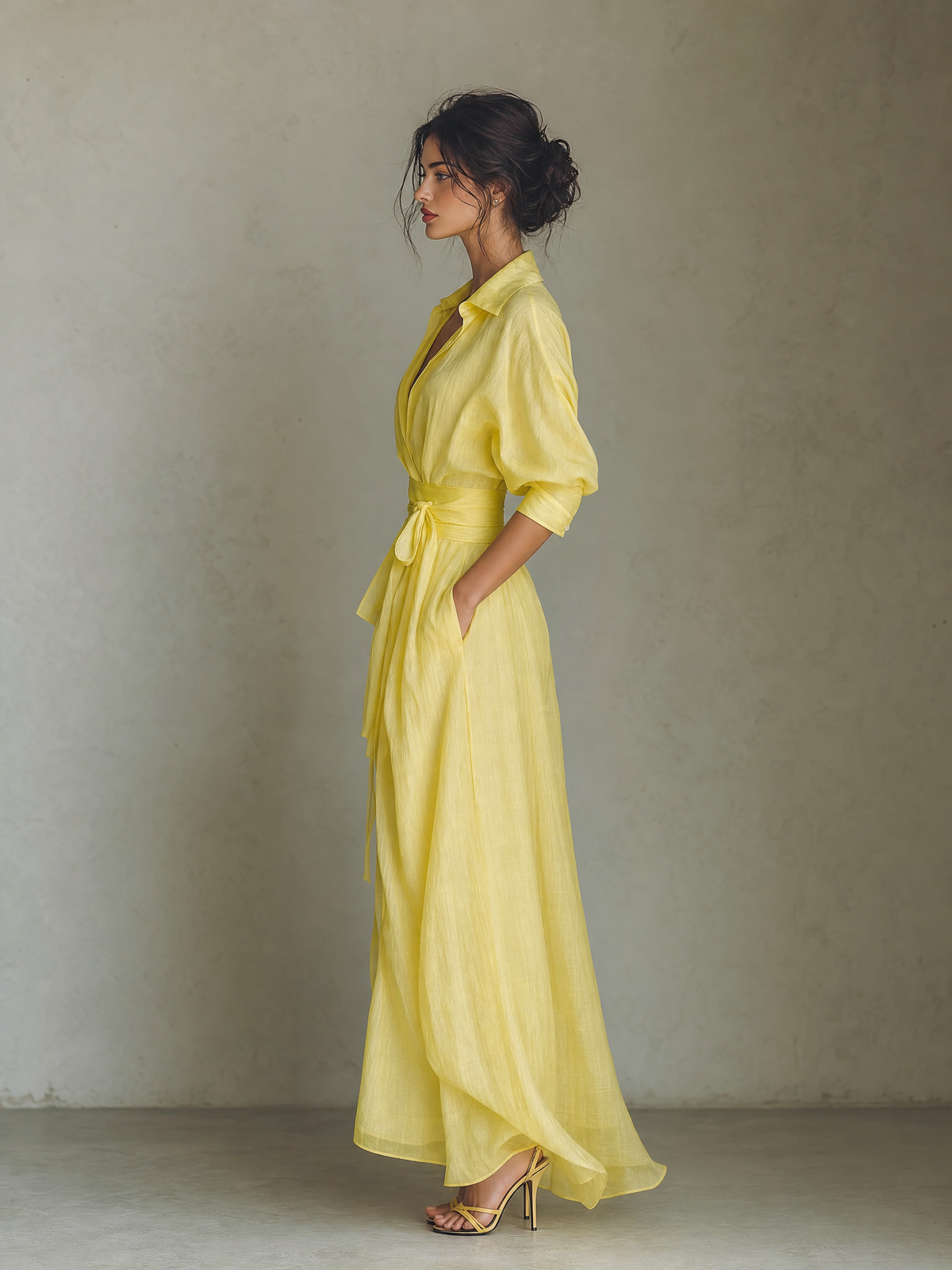 Sol - Vestido Maxi Camisero de Mezcla de Algodón y Lino con Nudo en la Cintura y Manga Corta