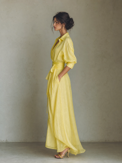 Sol - Vestido Maxi Camisero de Mezcla de Algodón y Lino con Nudo en la Cintura y Manga Corta
