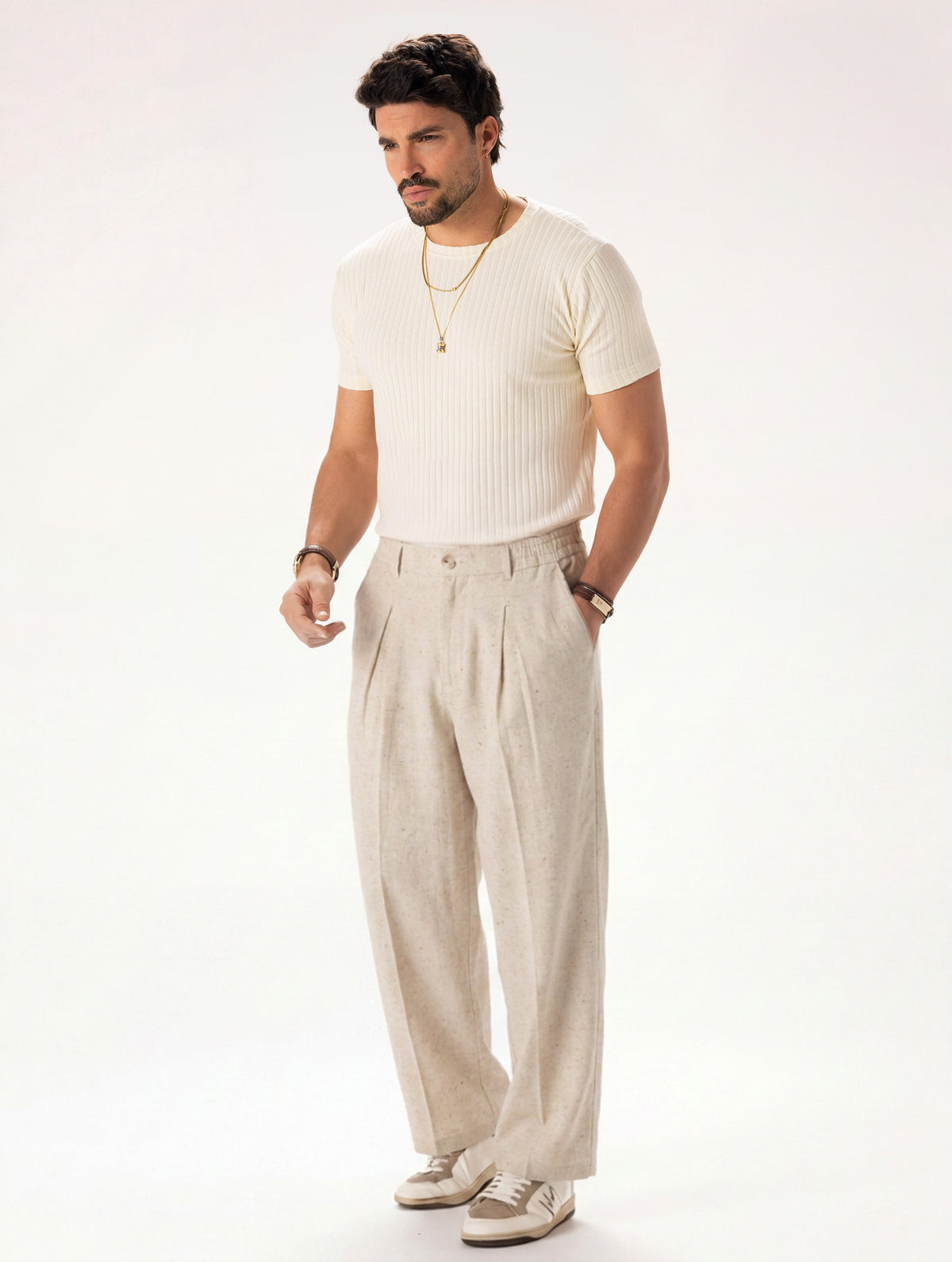 Sergio - Pantalones Casuales de Mezcla de Lino en Beige