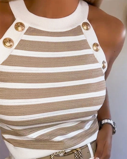 Milagros - Top de Rayas con Escote Halter y Botones Dorados