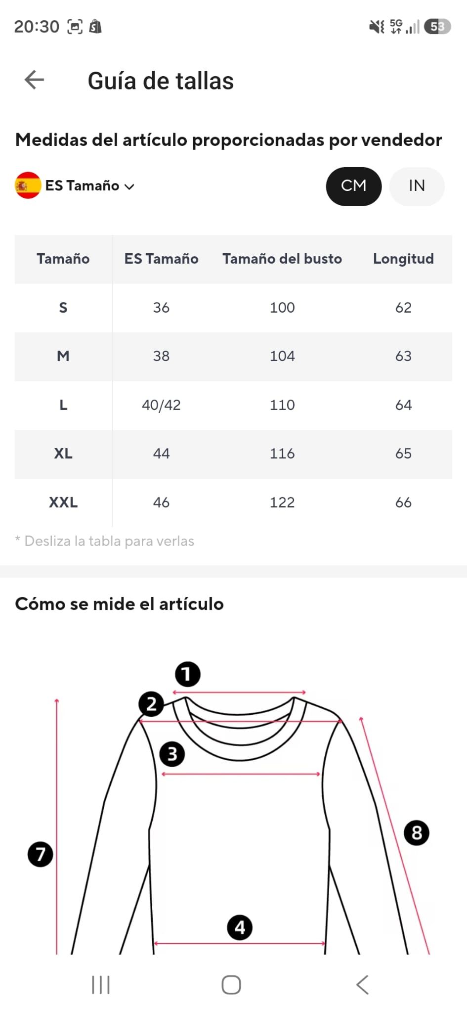 Guía de tallas de la blusa Rosario con medidas de busto y longitud